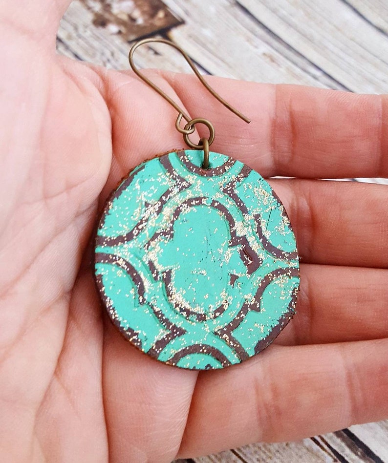 Round Leather Earrings Hand Painted Leather Earrings Leather Dangles Turquoise Leather Earrings Distressed Leather Earrings