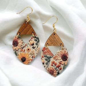 Fringed Leather and Wood Earrings, Fall Floral Dangles, Faux Embroidery Leather Earrings, Sunflower Earrings, Handmade Jewelry, Gift for Her