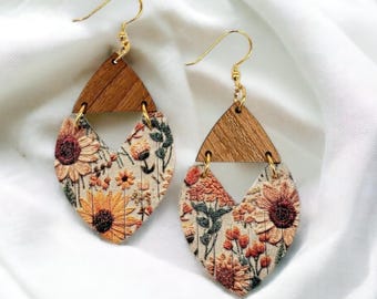 Faux Embroidered Leather Sunflower Earrings: Fringed Leather and Wood Dangles