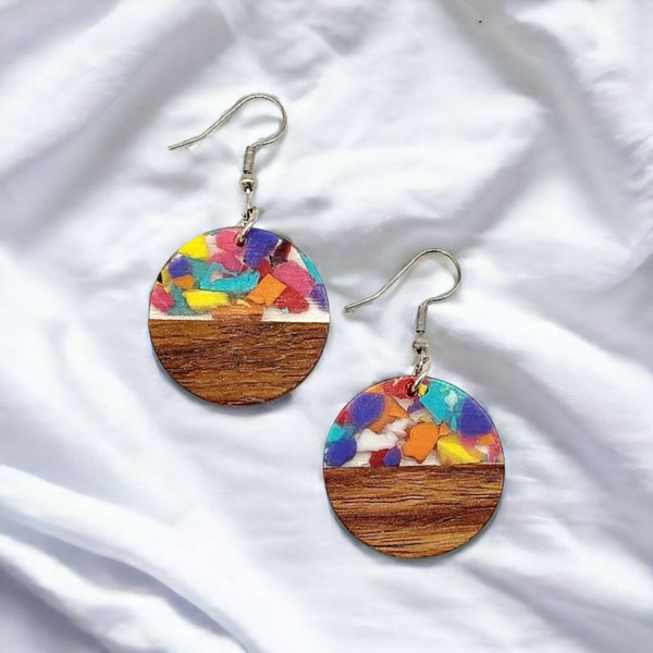 Confetti Resin and Wood Earrings, Multi Colored Acrylic Earrings, Round Geometric Earrings, Modern Boho Earrings, Colorful Earrings