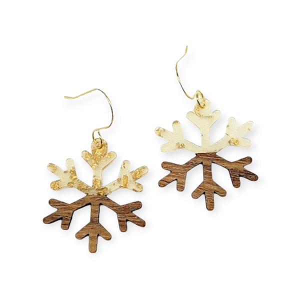 Wood Snowflake Earrings, Gold Glitter Snowflake Earrings, Snowflake Resin Earrings, Christmas Earrings, Handmade Christmas Gift for Women