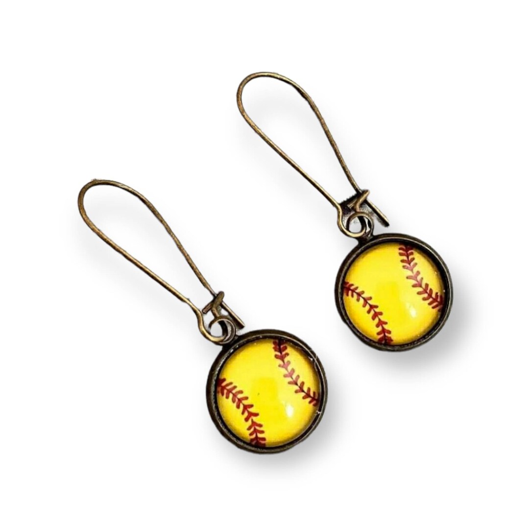 Softball Earrings, Softball Jewelry, Softball Dangles, Yellow Softball