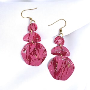 Pink and Red Marbled Clay Earrings, Boujee Earrings, Clay Statement Earrings, Geometric Modern Earrings, Gift for Her, Colorful Jewelry