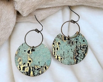Turquoise Leather Earrings, Rustic Leather Earrings, Large Round Disc Leather Earrings, Genuine Leather Earrings, Geometric Leather Earrings