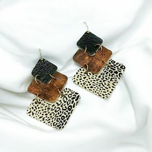 Neutral Stacked Chevron Earrings, Black and Brown Leather Earrings, Boho Leopard Dangles, Genuine Leather Arrow Earrings, Rustic Earrings