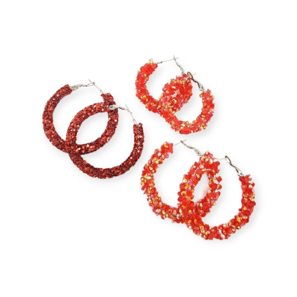 Red Sparkly Hoop Earrings Etsy