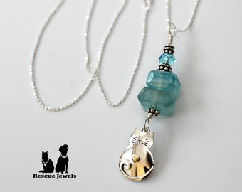 Rescue Jewels Blue Chalcedony and Sterling Silver Kitty Charm Necklace with Sterling Silver Chain