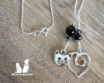 Rescue Jewels Cat Necklace with Sterling Heart and Black Onyx