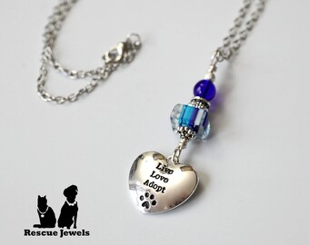 Rescue Jewels Live Love Adopt Heart and Paw Print Necklace with Blue Art Glass