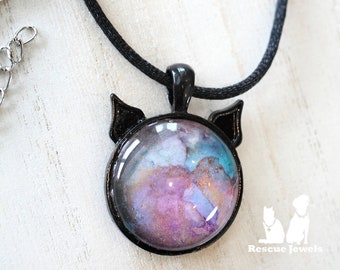 Rescue Jewels Hand Painted Black Cat Pendant Necklace in Shades of Purple and Blue on Silk Cord