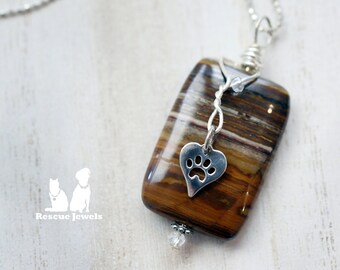 Rescue Jewels Tiger Iron and Sterling Silver Paw Print Heart Charm Necklace with Sterling Silver Chain