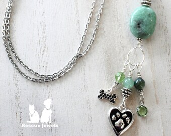 Rescue Jewels Paw Print Charm Necklace with Green Jasper and Swarovski Crystal