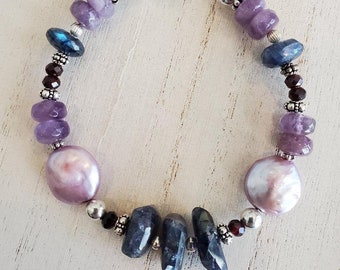 Rescue Jewels Labradorite, FreshWater Pearl, Amethyst and Garnet Bracelet