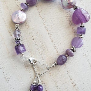 Rescue Jewels Shapes of Amethyst, Freshwater Pearl and Sterling Silver Bracelet with Heart Clasp image 2