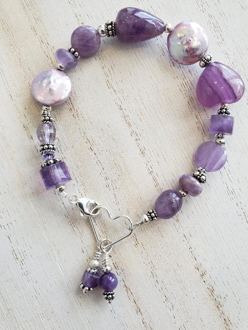 Rescue Jewels Shapes of Amethyst, Freshwater Pearl and Sterling Silver Bracelet with Heart Clasp image 2