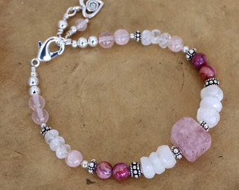 Rescue Jewels Bracelet with Natural Pink Muscovite, Moonstone, Rose Quartz, Pink Jasper and Sterling Silver