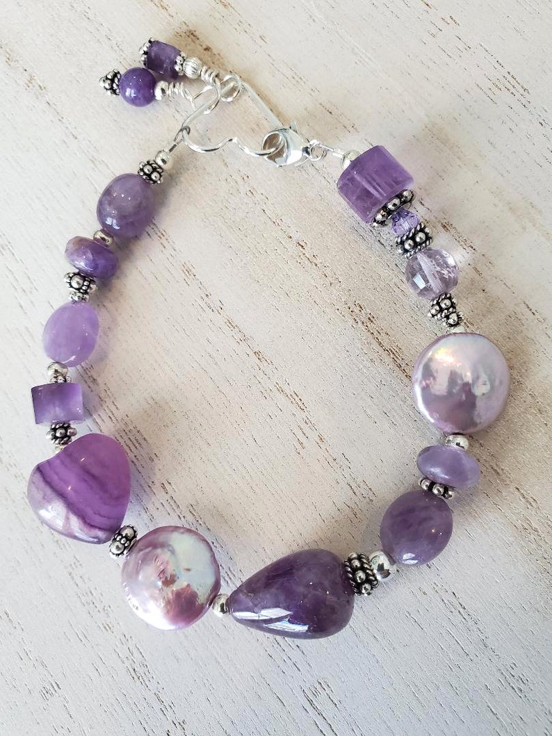 Rescue Jewels Shapes of Amethyst, Freshwater Pearl and Sterling Silver Bracelet with Heart Clasp image 4