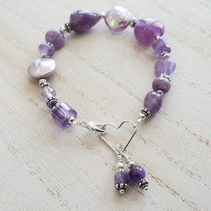 Rescue Jewels Shapes of Amethyst, Freshwater Pearl and Sterling Silver Bracelet with Heart Clasp image 1