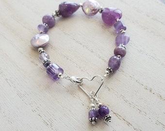 Rescue Jewels Shapes of Amethyst, Freshwater Pearl and Sterling Silver Bracelet with Heart Clasp
