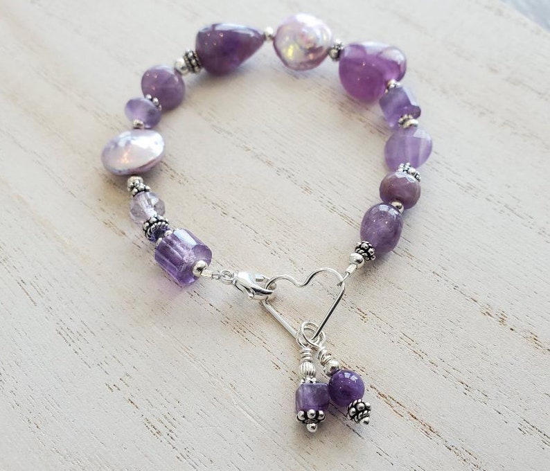 Rescue Jewels Shapes of Amethyst, Freshwater Pearl and Sterling Silver Bracelet with Heart Clasp image 1