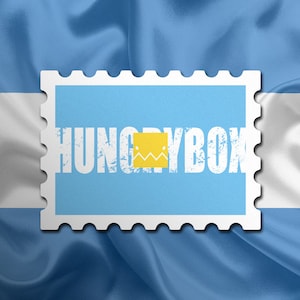 May include: A blue and white flag with a white stamp that says "HUNGRYBOX" in white letters with a yellow box in the middle of the word.