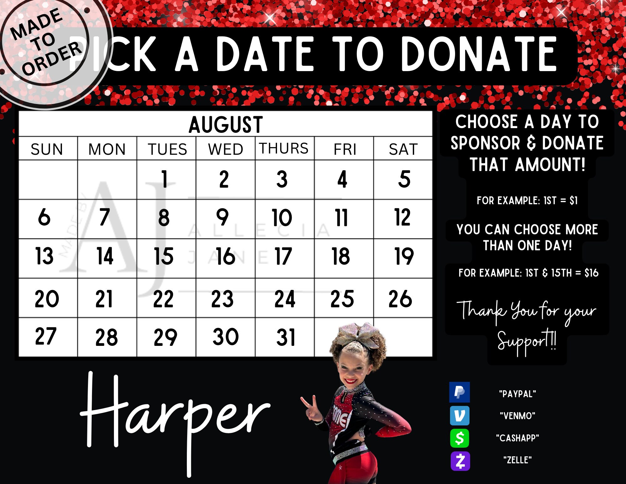 EDITABLE Cheer Template Pick a Date Fundraiser Calendar Sponsor a