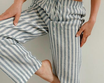 Striped 100% Linen Pants,Natural Home clothes, PJ Pants, Blue & White Trousers, Comfortable Straight Trousers, OEKO-TEX 100 Linen Homewear