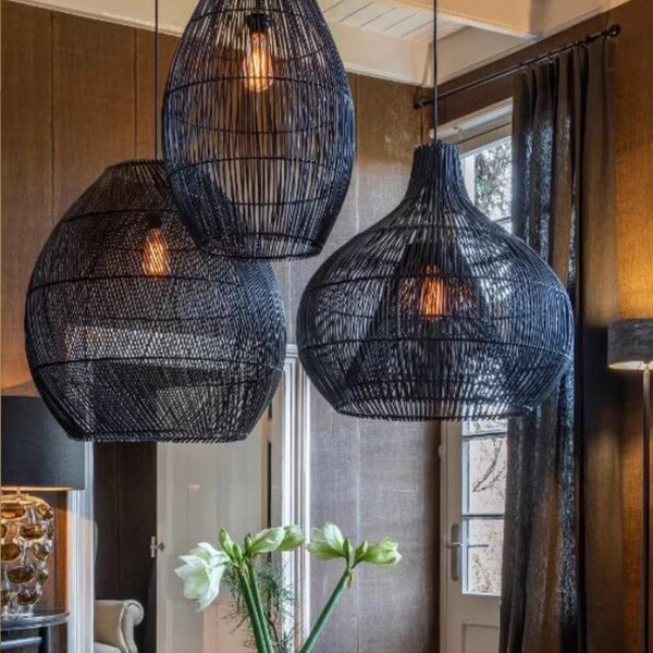 Rattan black pendant lamp hanging repurposed fishing trap basket woven rattan pendant light boho rustic lamp for home decor