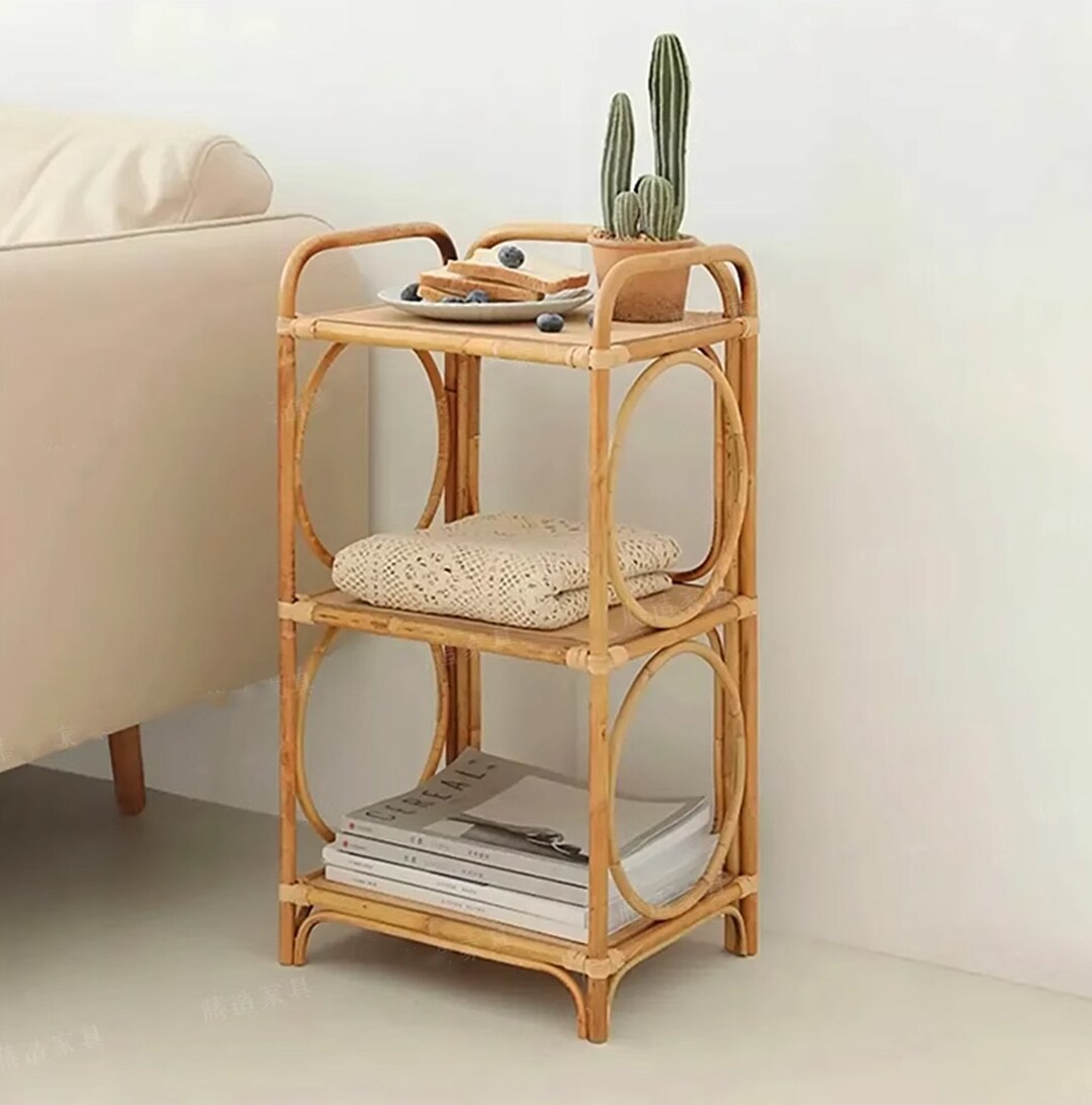 Rattan Three-layer Storage Rack in Bedroom Floor-standing Bookshelf ...