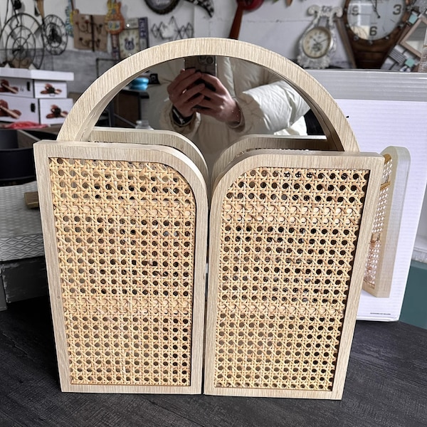 Handmade rattan woven wooden creative window shape wall-mounted dressing mirror jewelry rack gift for her