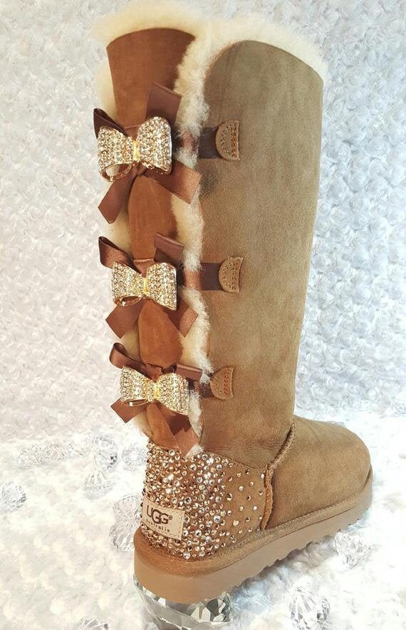 Bling Ugg Tall Bailey Bow Women's Custom Chestnut Ugg - Etsy Nederland