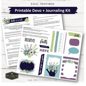 Puede incluir: Kit de diario imprimible con un tema devocional. El kit incluye pegatinas con diseños florales, una regadera y texto que dice "la fe es un verbo", "creer", "esperanza bendita", "ánimo hija" y "fe".