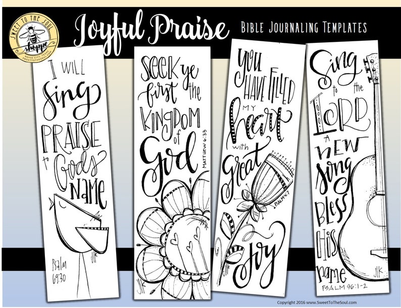 May include: Four black and white printable bookmarks with bible verses and floral designs. The bookmarks feature the following verses: "I will sing praise to God's name", "Seek ye first the kingdom of God", "You have filled my heart with great joy", and "Sing to the Lord a new song, bless His name".