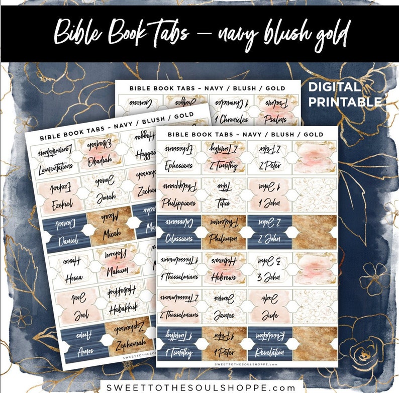 Books of the Bible Tabs Navy, Blush, Gold image 1
