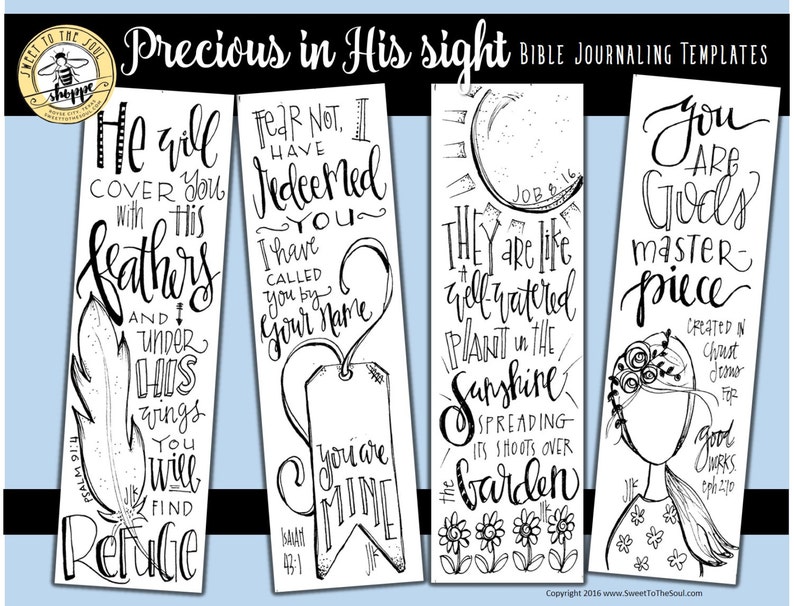Soul Inspired Bible Journaling Template / Color your own bookmarks Precious in His Sight digital download image 1