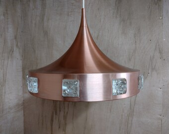 Mid Century Pendant Light Shade Danish UFO Flying Saucer Copper Aluminium with Glass Inserts