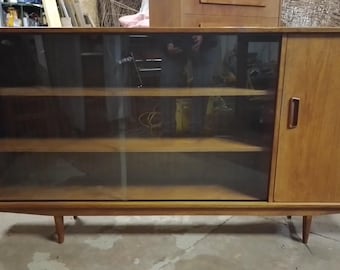 Vintage Teak Bookcase long Glass Fronted Mid Century