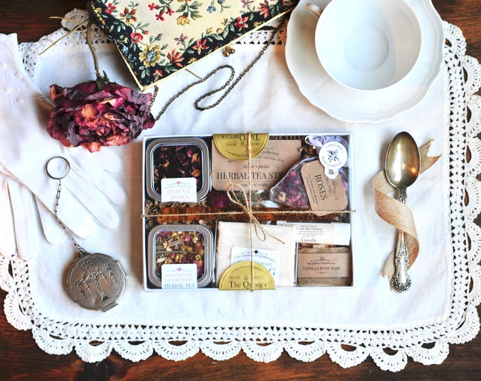 Rose Collection | Rose Tea & Bath Gift Box | Organic Tea, Soap, Lip Balm, Herbal Steam, Tea Bag, Honey | Sampler Gift Set | Tea Lover Gift