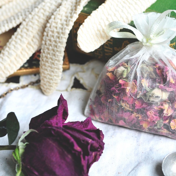 Organic Rose Buds and Petals Sachet | Dried Herbals in Organza Bag | Aromatherapy Drawer Sachets | Linen & Closet Bag