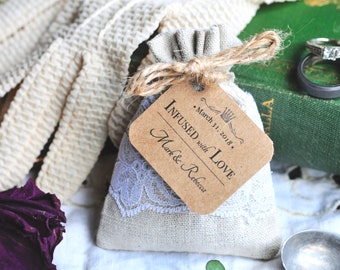 PERSONALIZED Organic Lavender or Organic Rose Favors | Custom Wedding, Bridal Shower, Baby Shower Sachet | Linen & Lace Toss Bag | 25 ct