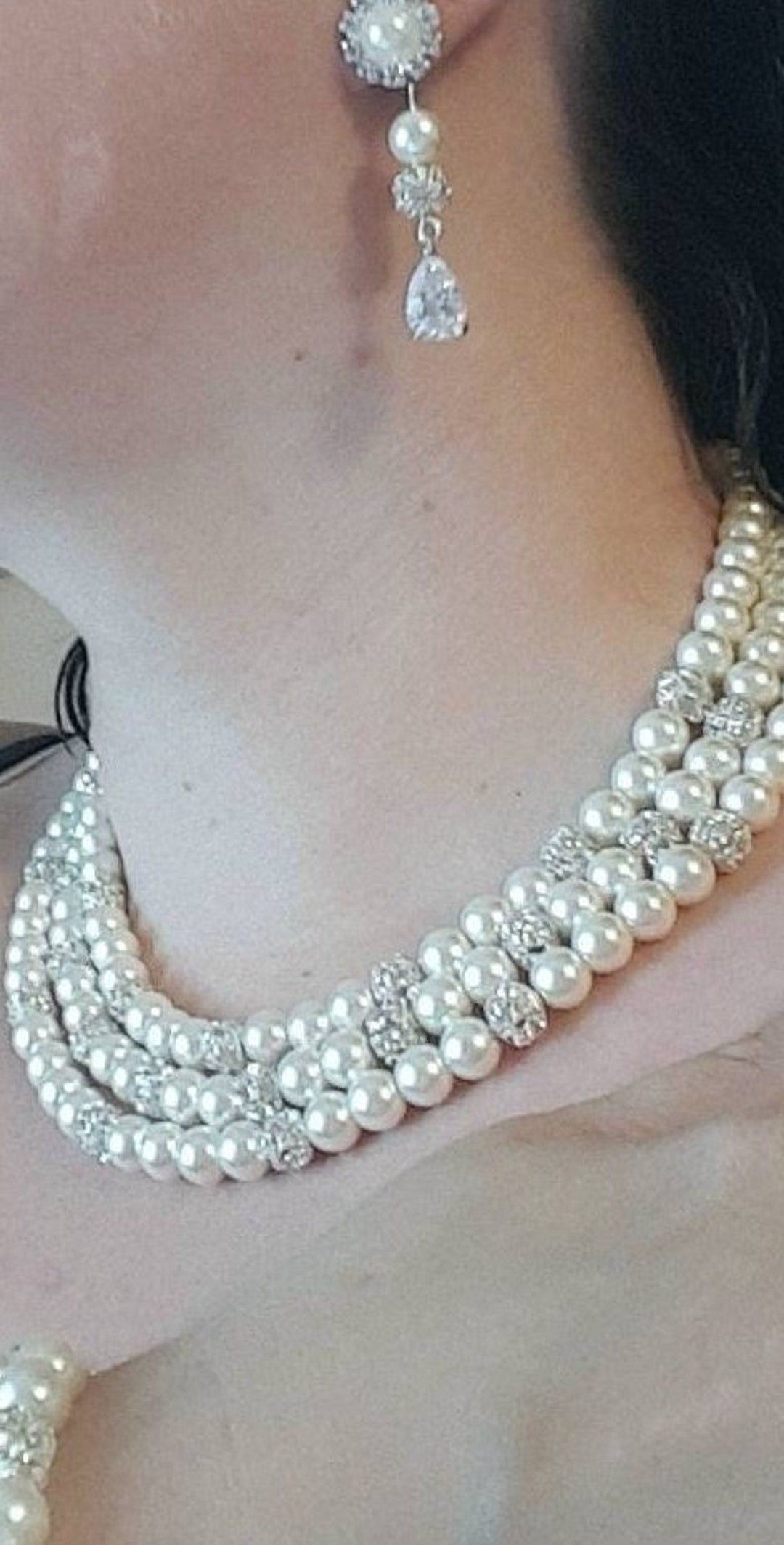3 Strand Pearl and Rhinestone Necklace - Etsy