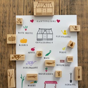 Sellos de invernadero, jardín, verduras y frutas, individualmente o en conjunto, hechos a mano por Frieda & Wolfi: tarjetas, diarios o álbumes de recortes.