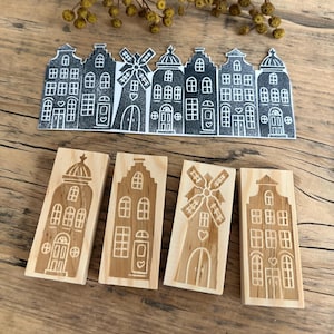 Husstämplar i holländsk stil - handskurna trästämplar som set eller individuellt av Frieda & Wolfi - gavelhus, korsvirkeshus, kyrka