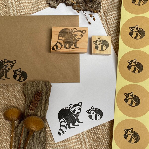 stamp handcarved handcarved stamp wooden stamp raccoon with raccoon baby Christmas fairy tale fabric print ink handmade forest animals