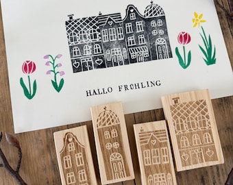 Conjunto de 4 carimbos ou carimbos de madeira individuais - casas, casa com telhado de duas águas, igreja em estilo holandês, esculpidos à mão por Frieda & Wolfi para projetos "faça você mesmo".
