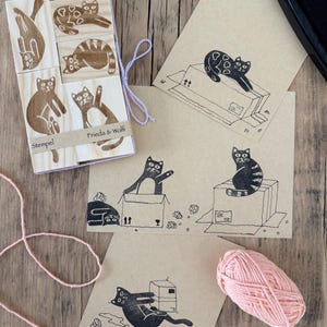 Tampons chats - tampons en lino sculptés à la main par Frieda & Wolfi - 5 adorables chatons pour cartes, journal intime ou scrapbooking