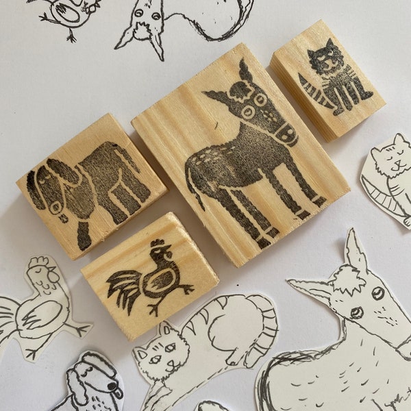 stamp handcarved handcarved stamp wooden stamp Bremen Town Musicians Christmas fairy tale fabric print ink handmade