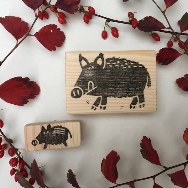 Stempel handgeschnitzt handcarved stamp Holzstempel Wildschwein Weihnachten Frieda & Wolfi Stoffdruck drucken ink handmade