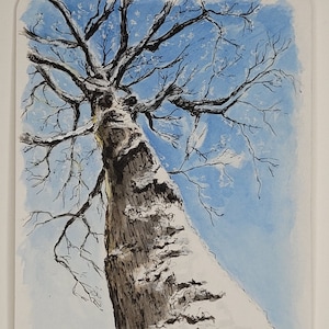 Aquarelle originale, arbre, neige et ciel bleu, 10x15 cm