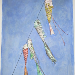 Pesce di carta, koinobori al vento, acquerello/pastello originale, A3